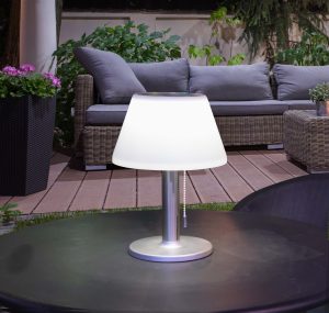 Sanico Goldlux lampa ogrodowa stołowa solarna VIOLA LED IP44 4000K 10000h 28 cm 180mA 5V akumulator 3,7V 1200mAh Li-ion srebrna 325457