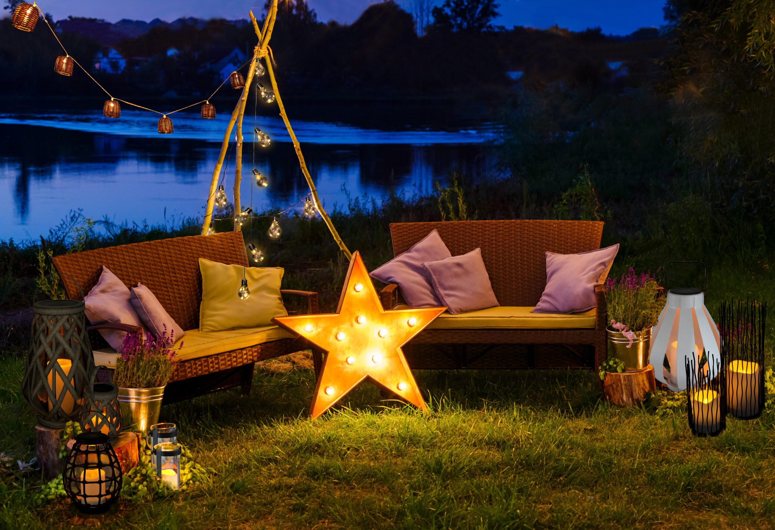 sofas with pillows and lamps outdoor