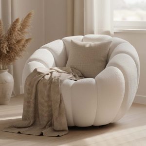 Fotel wypoczynkowy Domaison DYNIA tapicerowany Pumpkin Chair kremowy beżowy boucle – 341358